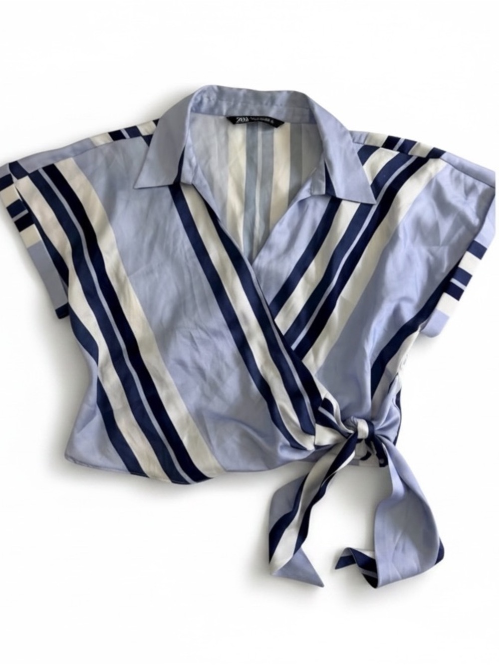 Zara Blue Stripe Wrap Tie Blouse Cropped Nautical Top Size S